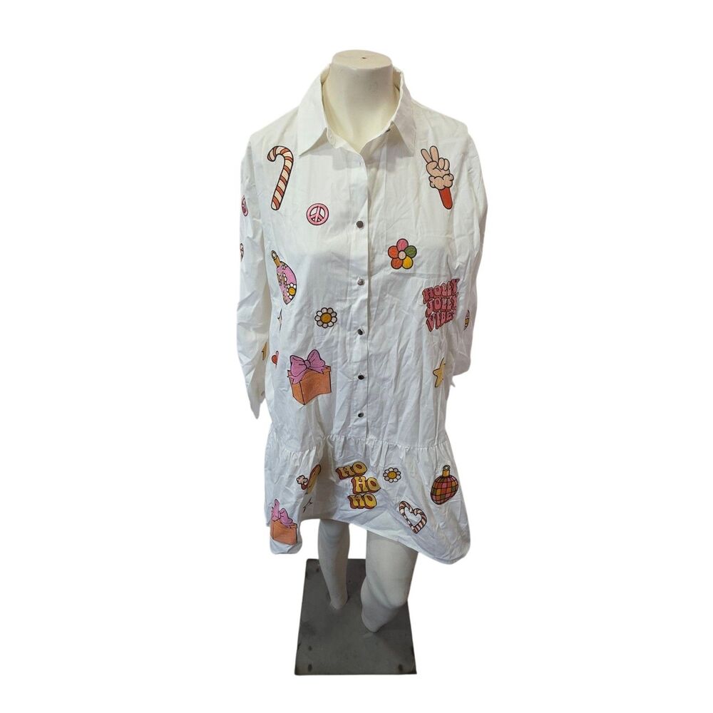 WHY Dress White Embroidered Festive Shirt Dress Peace Flower Holiday M NWT‎